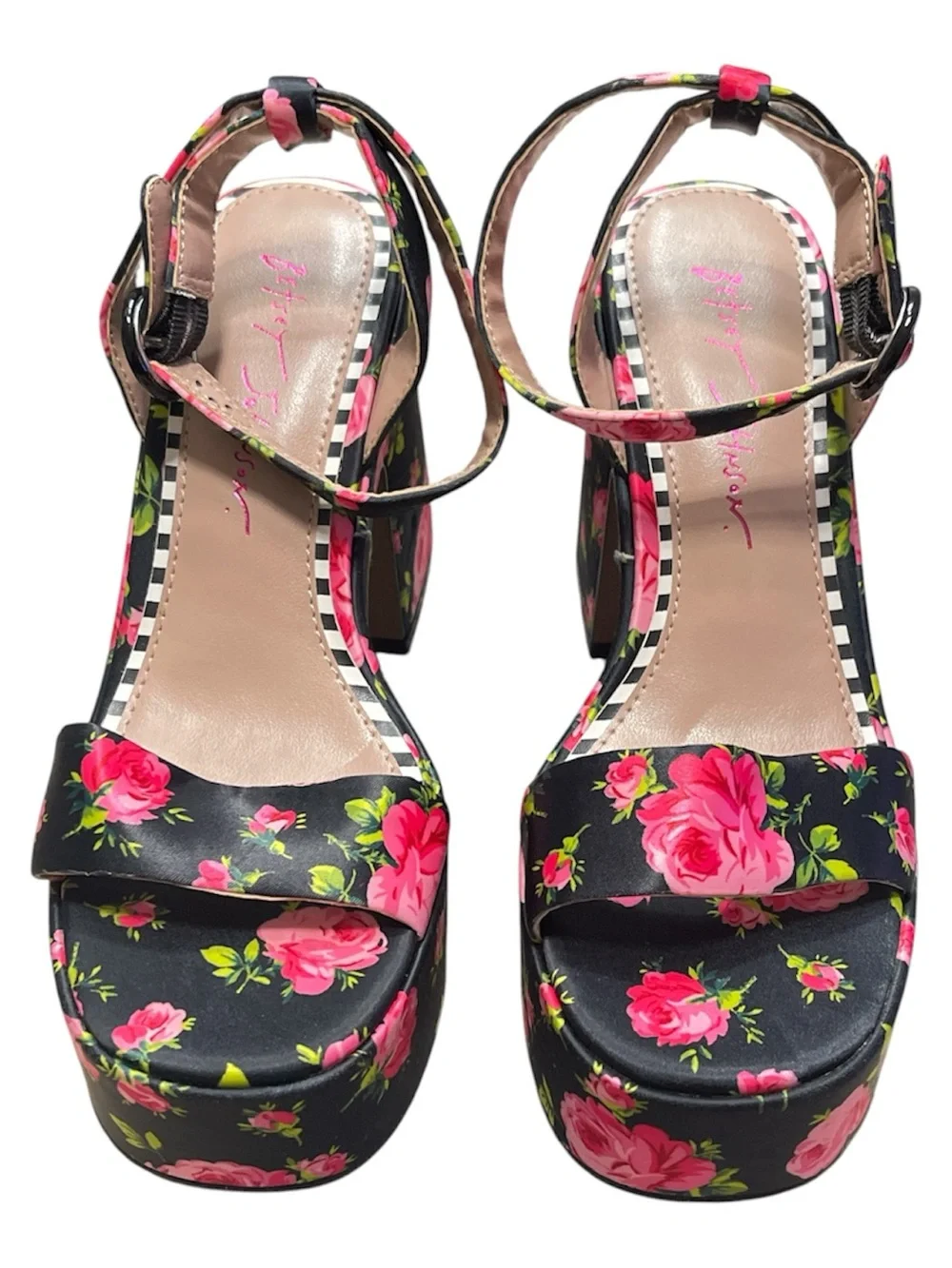 Floral Platform Block Heel Sandals - Black/Pink